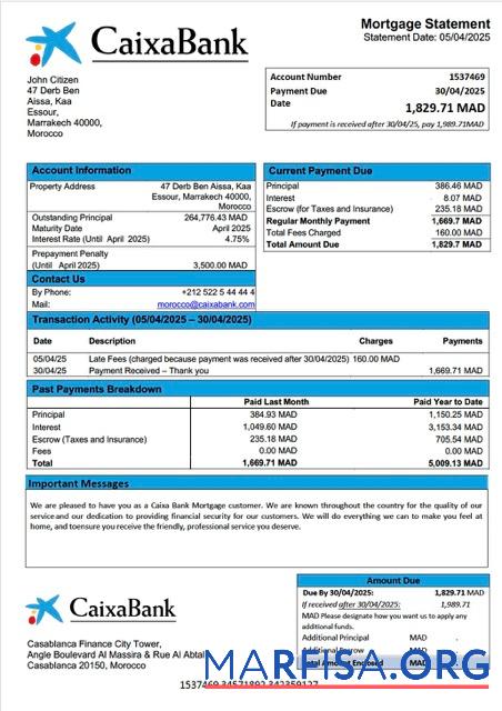 Realistic Morocco Caixa Bank mortgage statement Word and PDF template